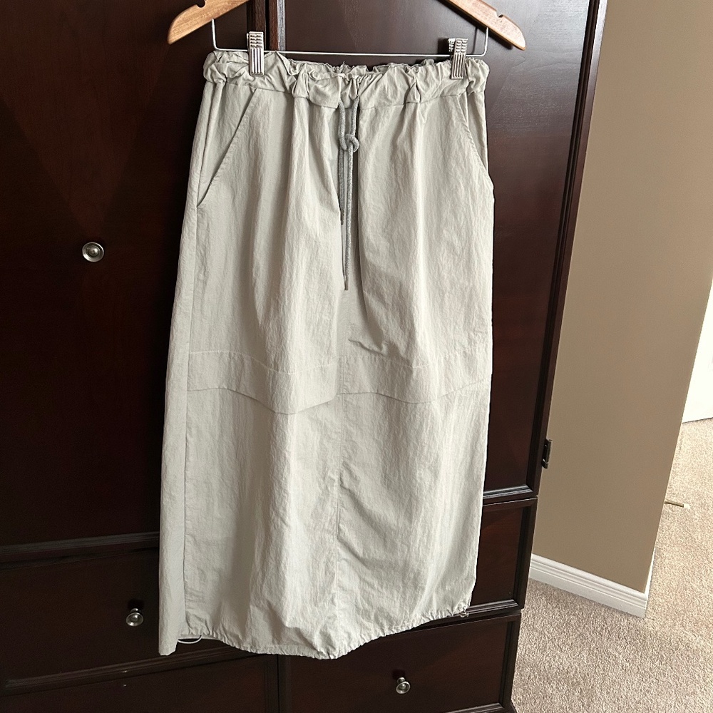 Minimalist Neutral Midi Skirt - Elastic Waist - Drawstring - Nylon-Feel